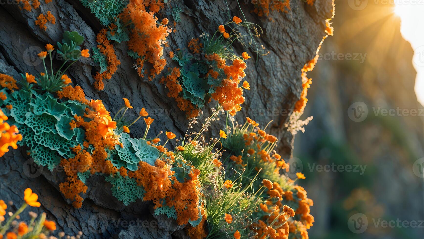 Vibrant orange flowers and lush green plants growing on a rocky cliffside at sunset, creating a scenic view photo
