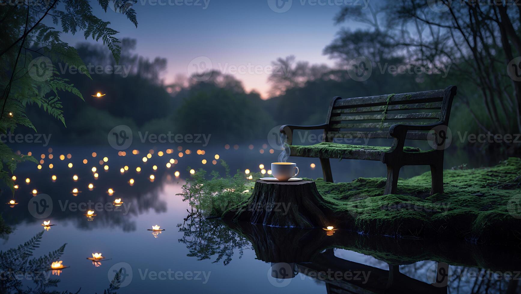 Serene lakeside scene at dawn with a cozy bench, illuminated candles, and a steaming cup of tea photo