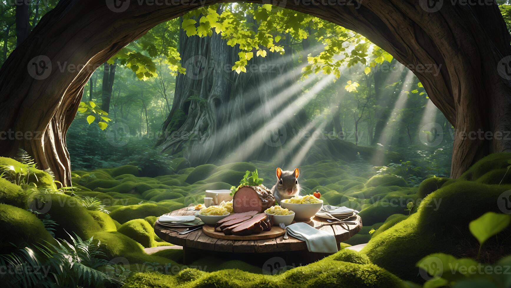 Enchanted forest picnic with a squirrel enjoying a feast under sunlit trees and lush greenery photo