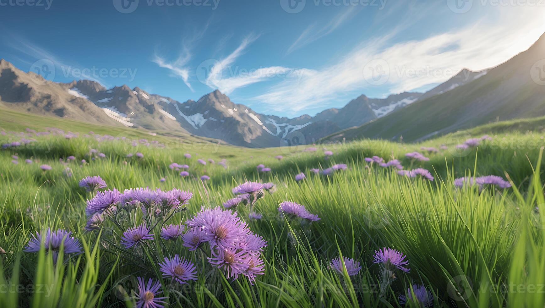 Scenic view of vibrant purple flowers in lush green grass with majestic mountains in the background photo
