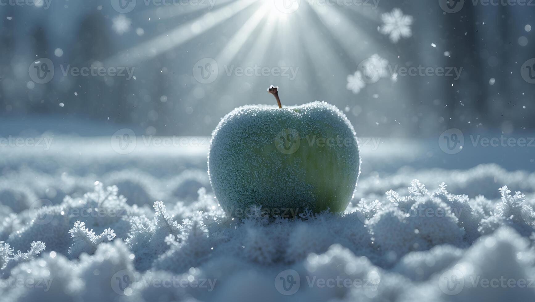 A frosty green apple resting on a snowy surface, illuminated by sunlight in a winter landscape photo