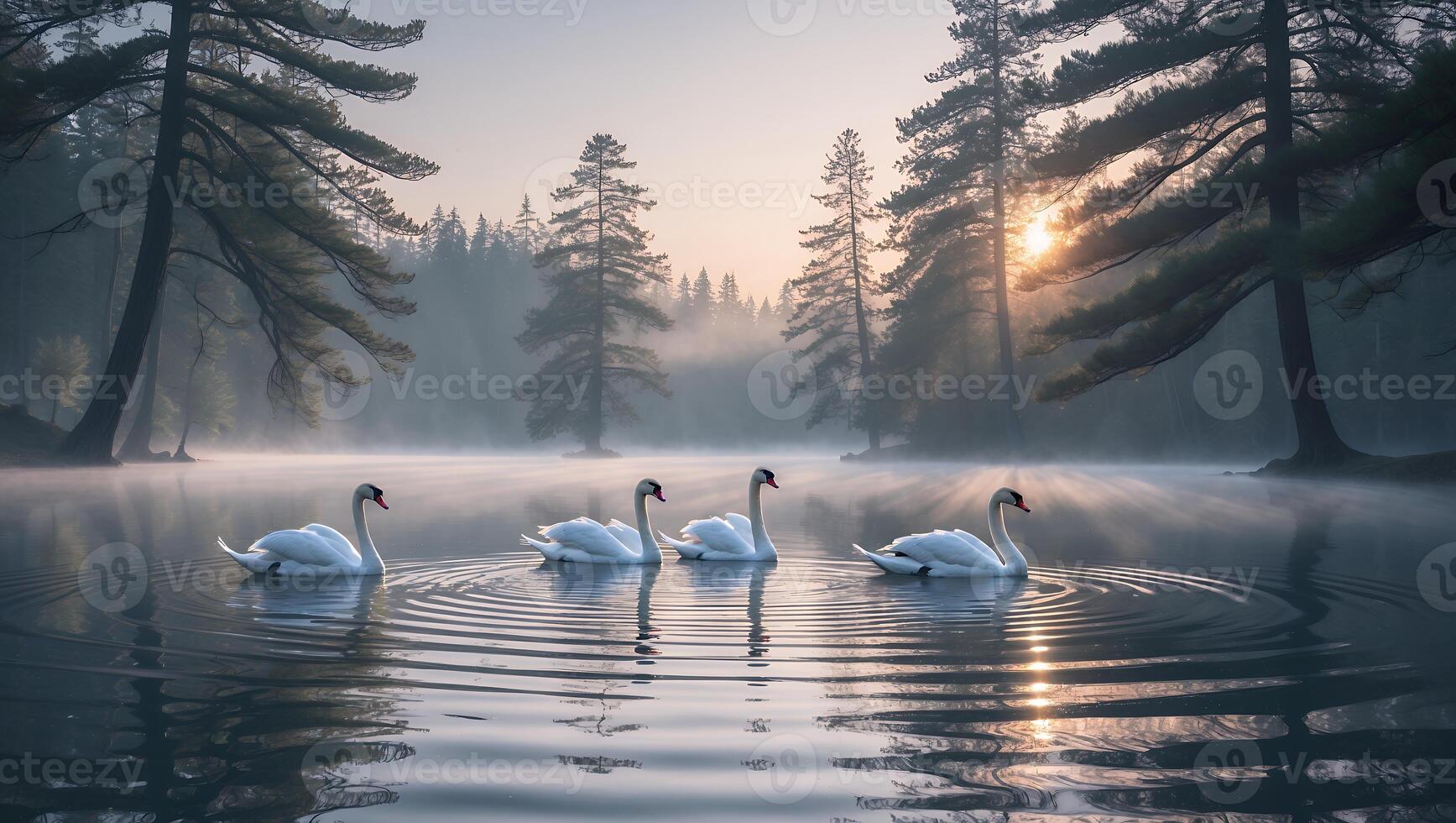 Serene morning scene with four swans gliding on a misty lake surrounded by tall trees at sunrise photo
