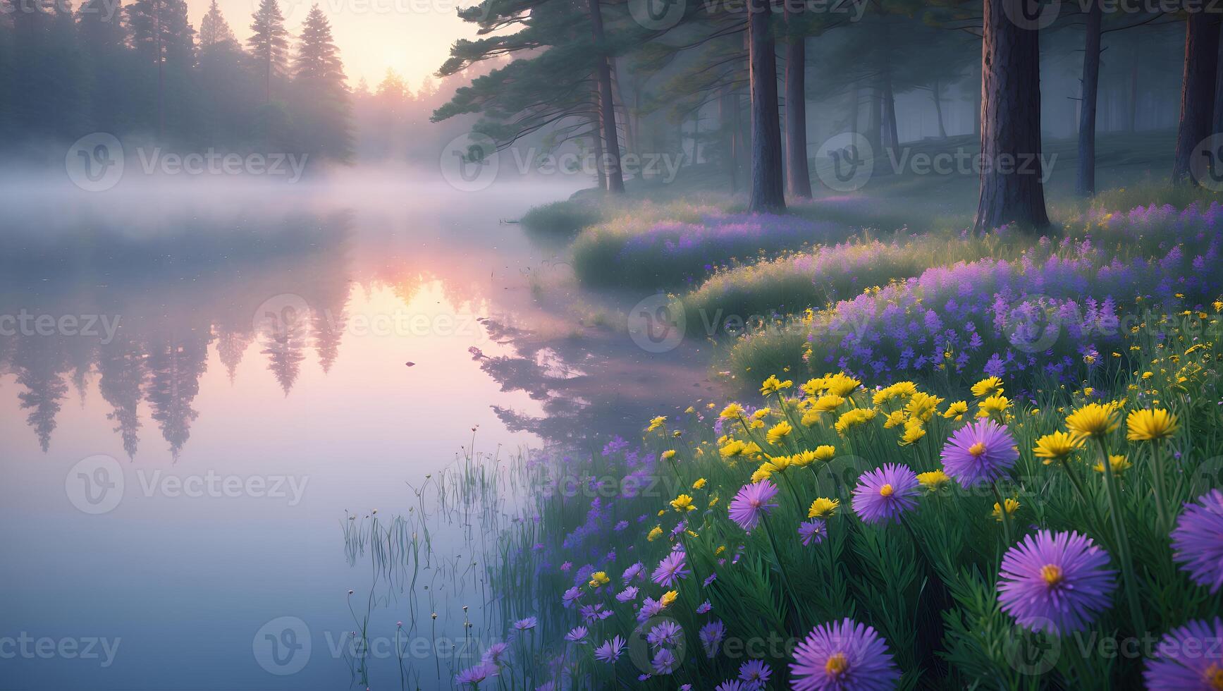 Serene lakeside view at dawn with vibrant wildflowers and misty trees reflecting on calm water photo
