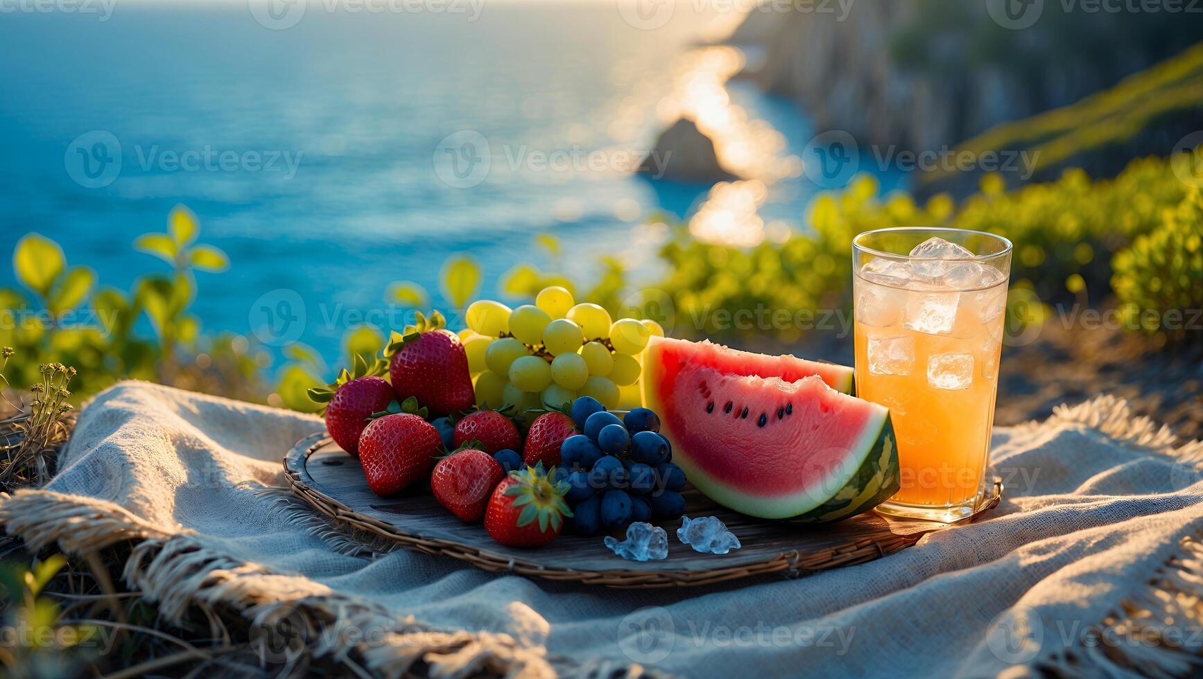 Refreshing summer picnic with assorted fruits and a cold drink by the ocean at sunset photo