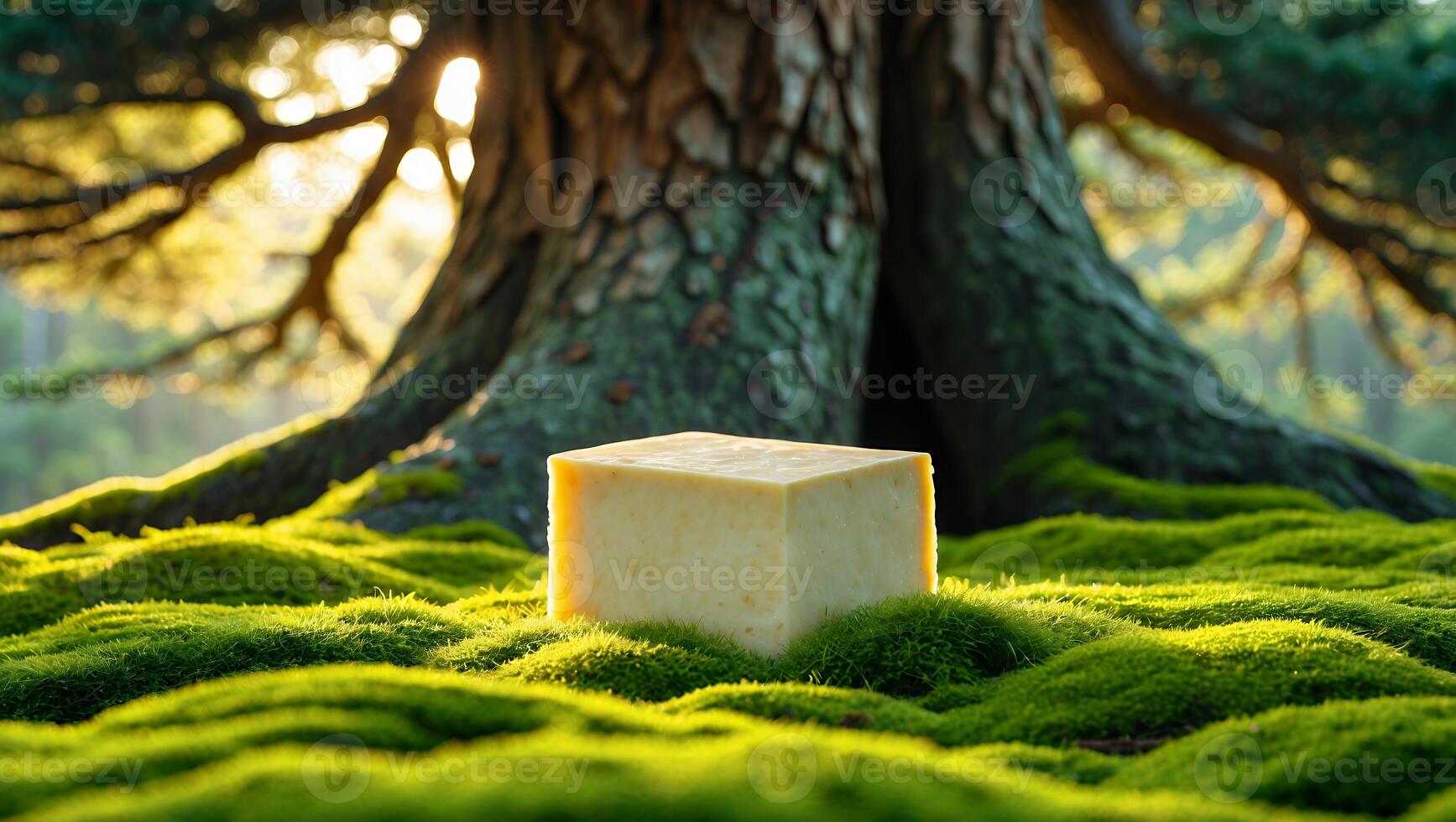 A vibrant cheese block resting on lush green moss under the shade of a majestic tree, with sunlight filtering through the branches photo
