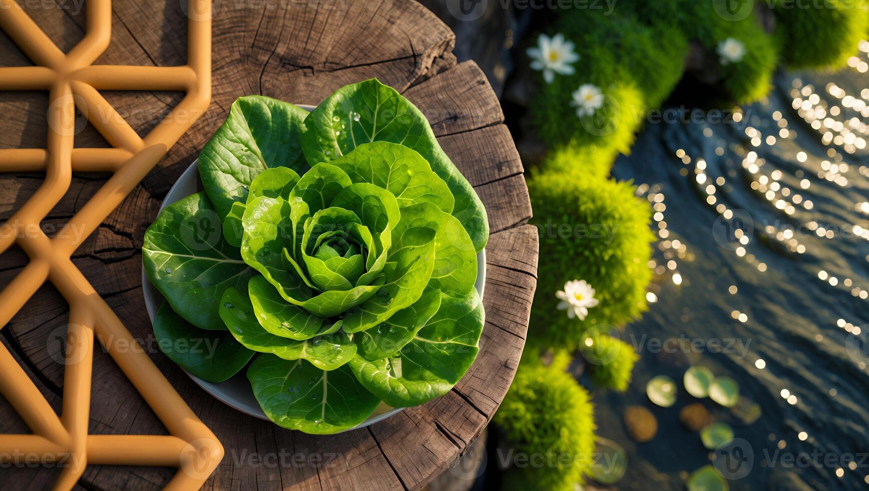 Fresh green lettuce on a rustic wooden table by a serene pond with lily pads and sunlight photo