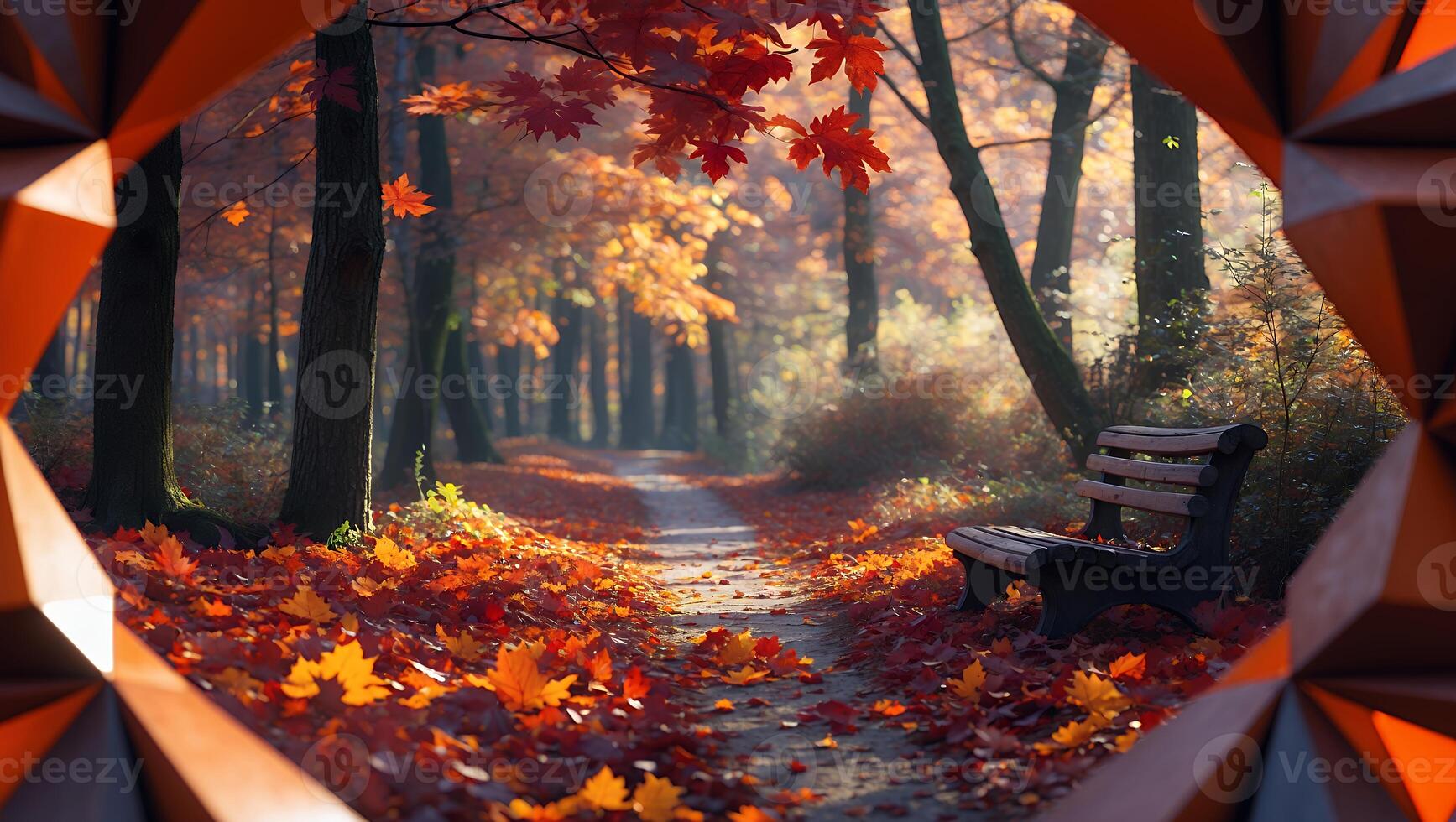 Serene autumn pathway lined with vibrant red and orange leaves, inviting bench amidst tranquil forest photo