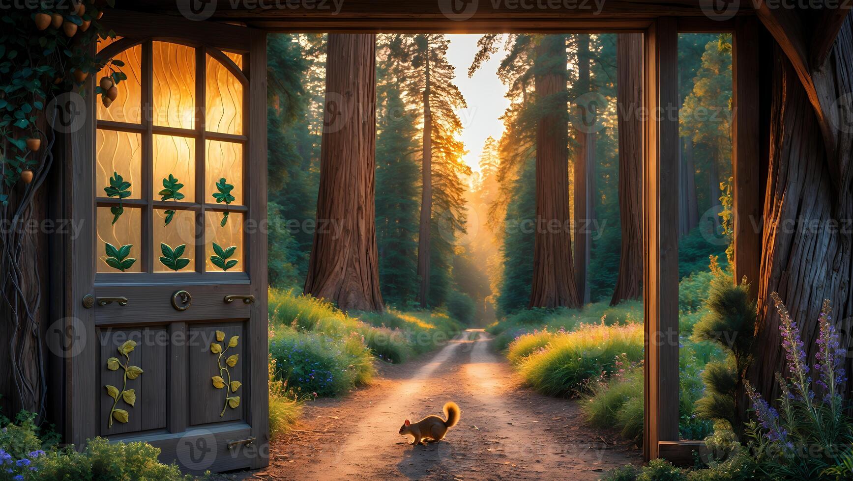 A curious squirrel explores a sunlit forest path through an enchanting wooden door in a serene setting photo