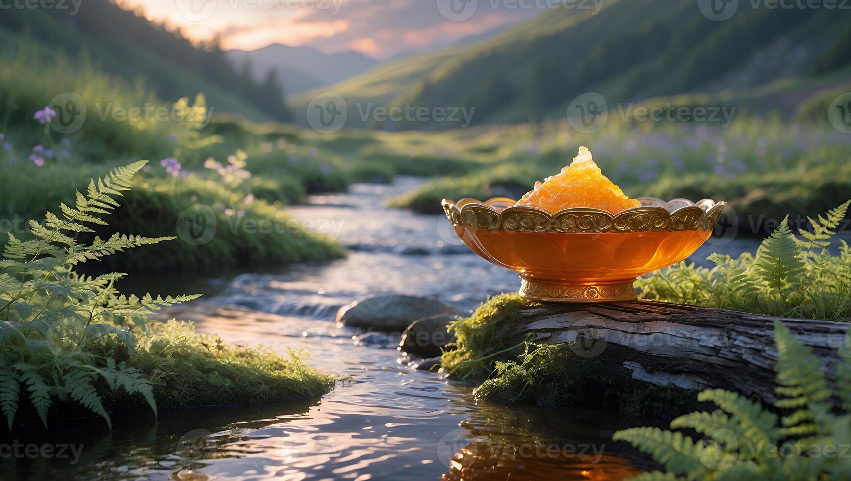 Golden bowl filled with vibrant dessert placed on a log by a serene stream in a lush green landscape photo