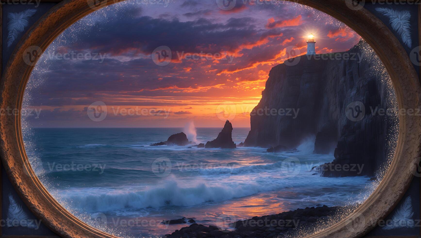 Serene coastal sunset with lighthouse illuminating rocky shore, waves crashing against cliffs photo