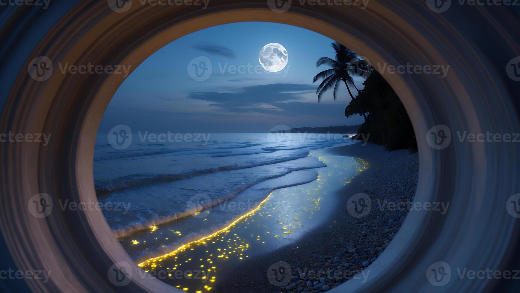 Serene moonlit beach scene with glowing lights along the shore, framed by a circular opening photo