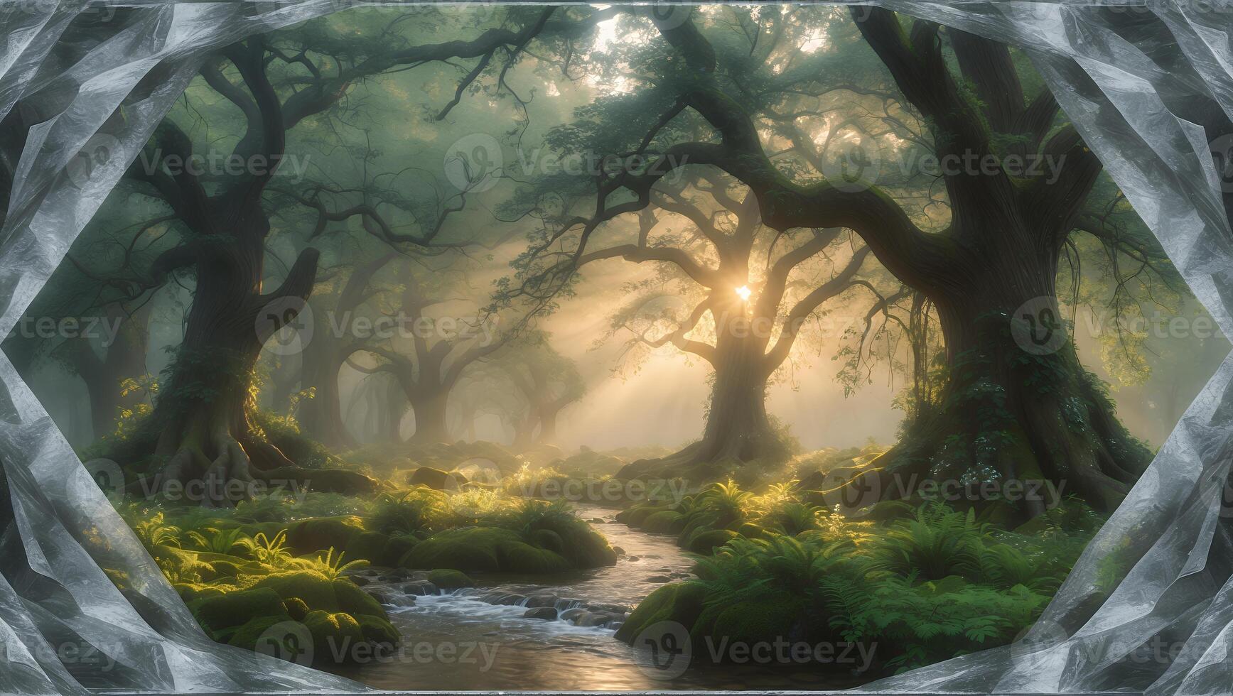 Enchanted forest with sunlight streaming through trees, creating a magical atmosphere by a stream photo