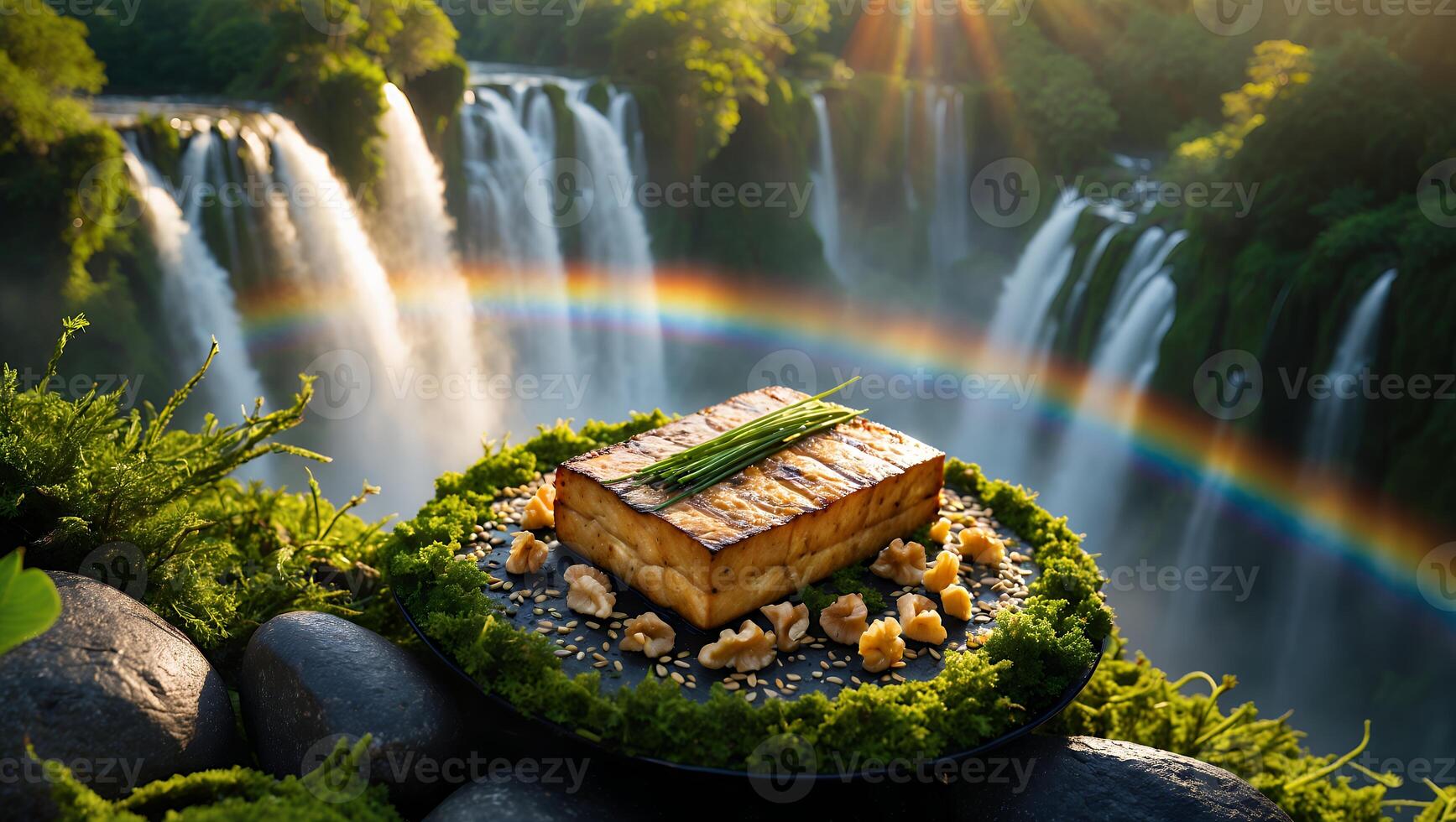 Grilled tofu dish elegantly presented on a stone plate with waterfalls and a rainbow in the background photo