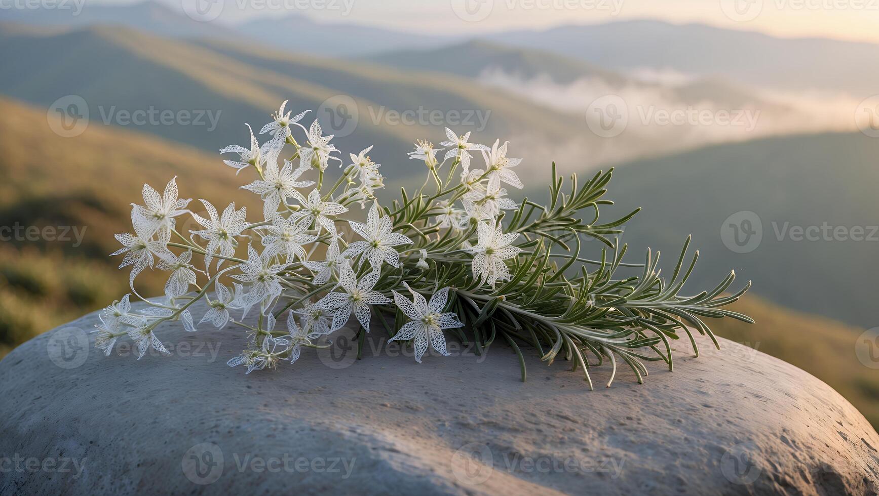 Delicate white flowers arranged on a stone, set against misty mountains at sunrise, evoking tranquility photo
