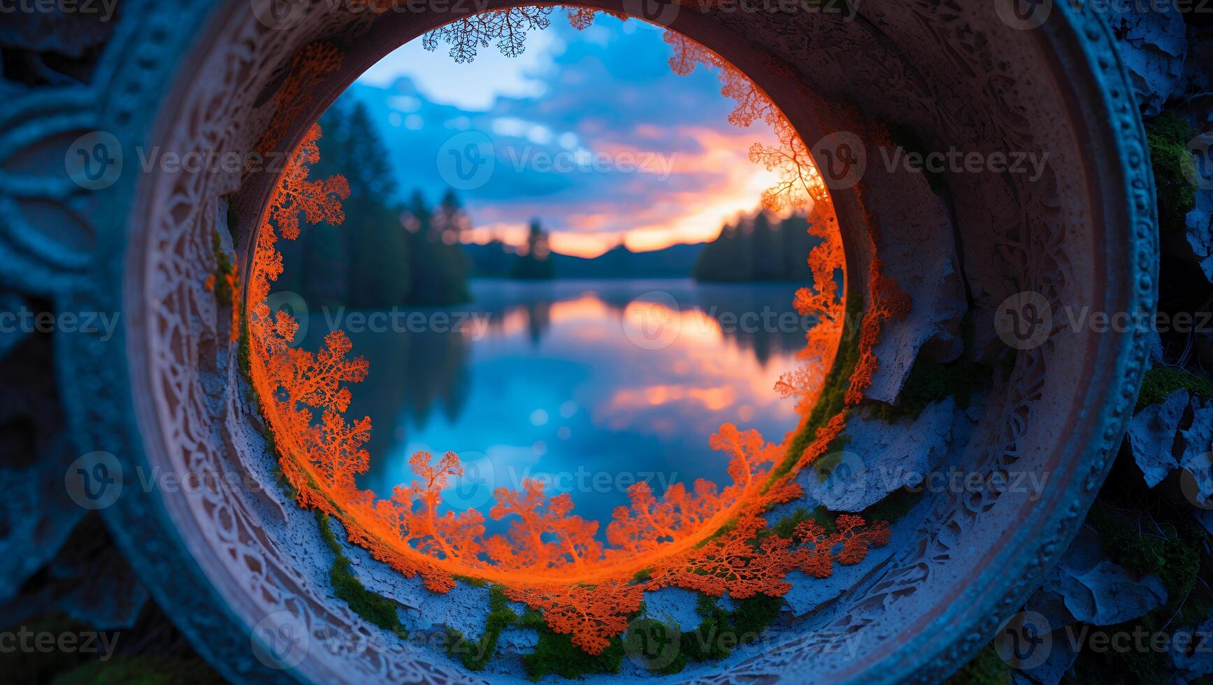 Serene sunset view through a decorative circular frame, showcasing a tranquil lake surrounded by trees photo