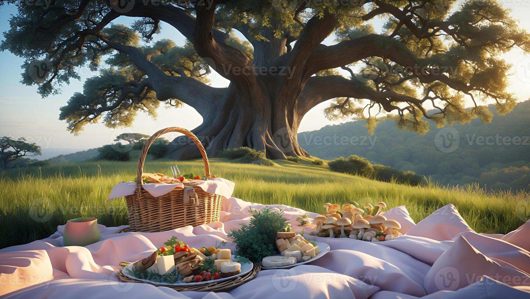 Serene picnic setup under a sprawling oak tree in a lush green landscape at sunset photo