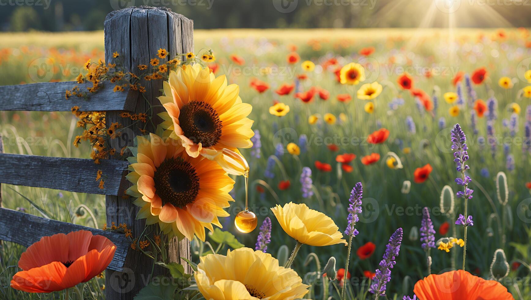 Vibrant wildflower field with sunflowers and poppies near a rustic wooden fence at sunset photo