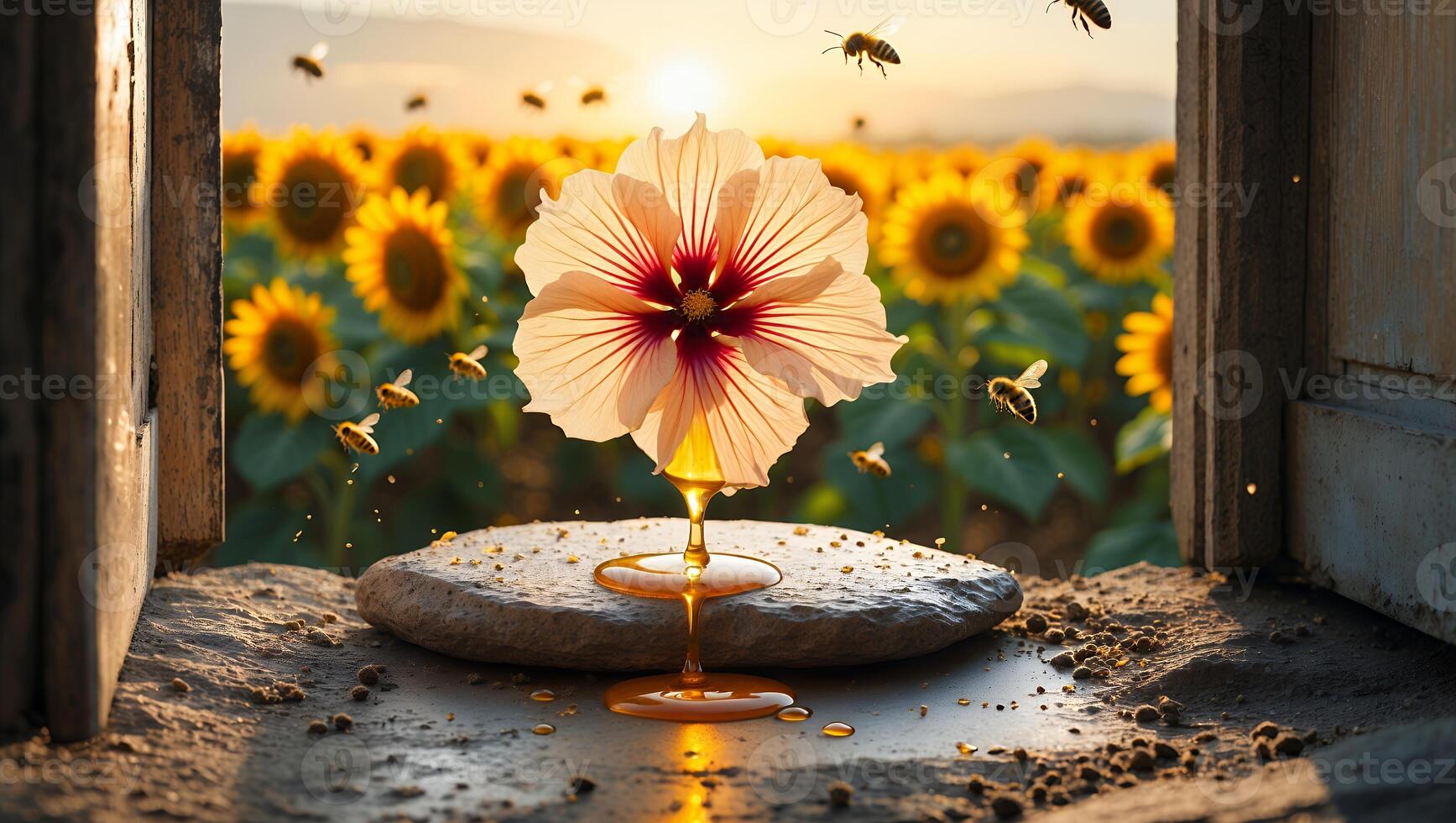 Vibrant flower with honey dripping on stone, surrounded by sunflowers and buzzing bees at sunset photo