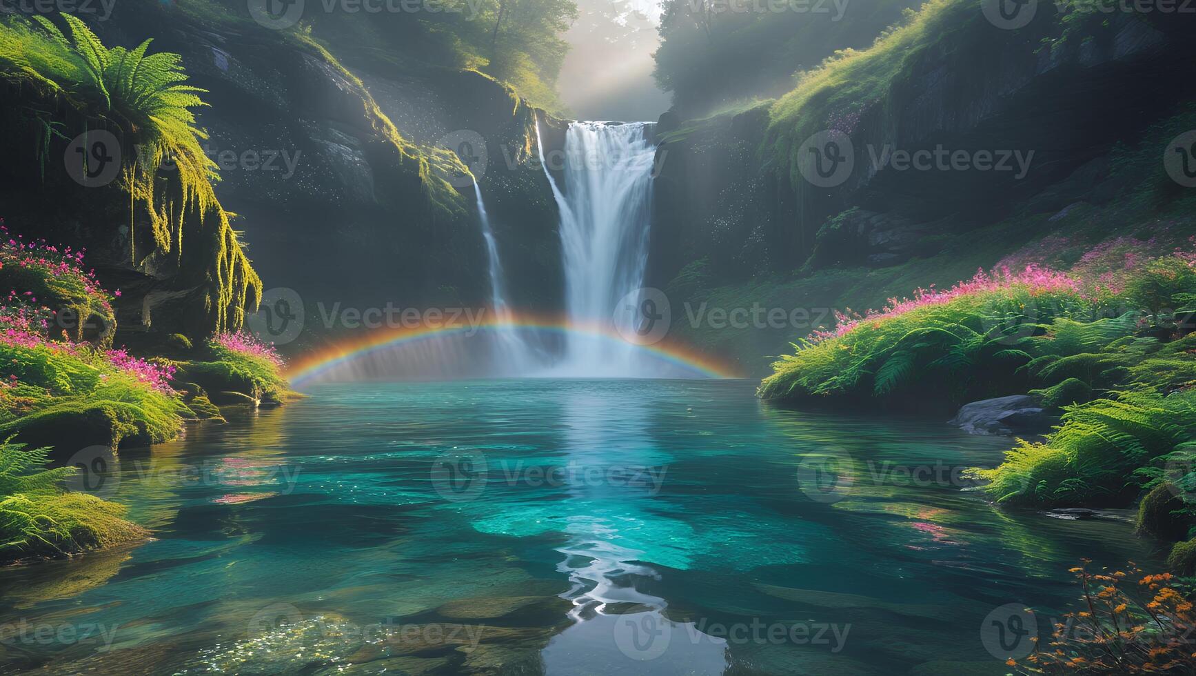 Serene waterfall cascading into a crystal-clear pool, surrounded by vibrant flowers and misty sunlight photo