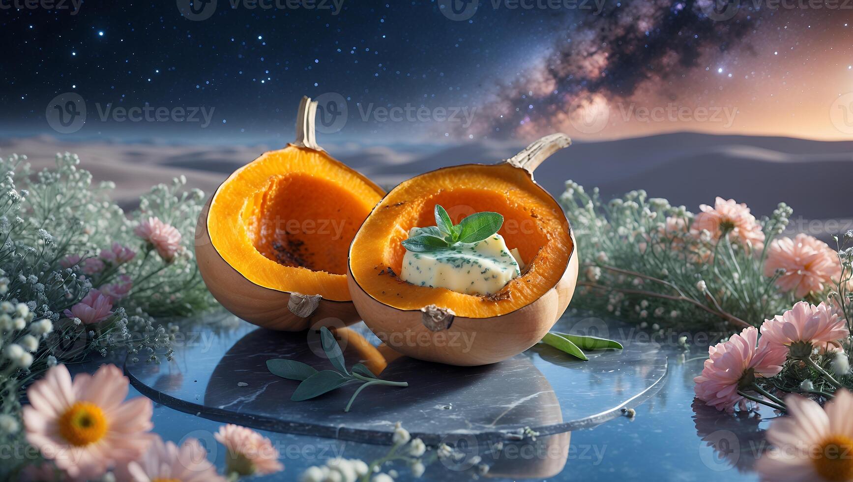Halved pumpkin with creamy filling surrounded by flowers and a starry night sky in the background photo