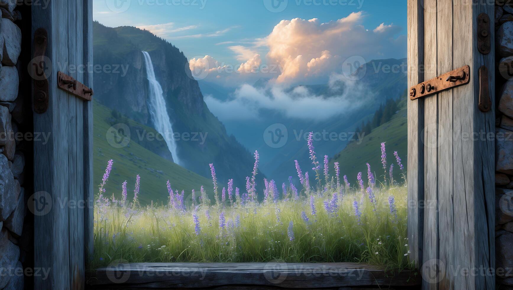 Scenic view of a waterfall cascading down mountains, framed by an open door with flowers in foreground photo