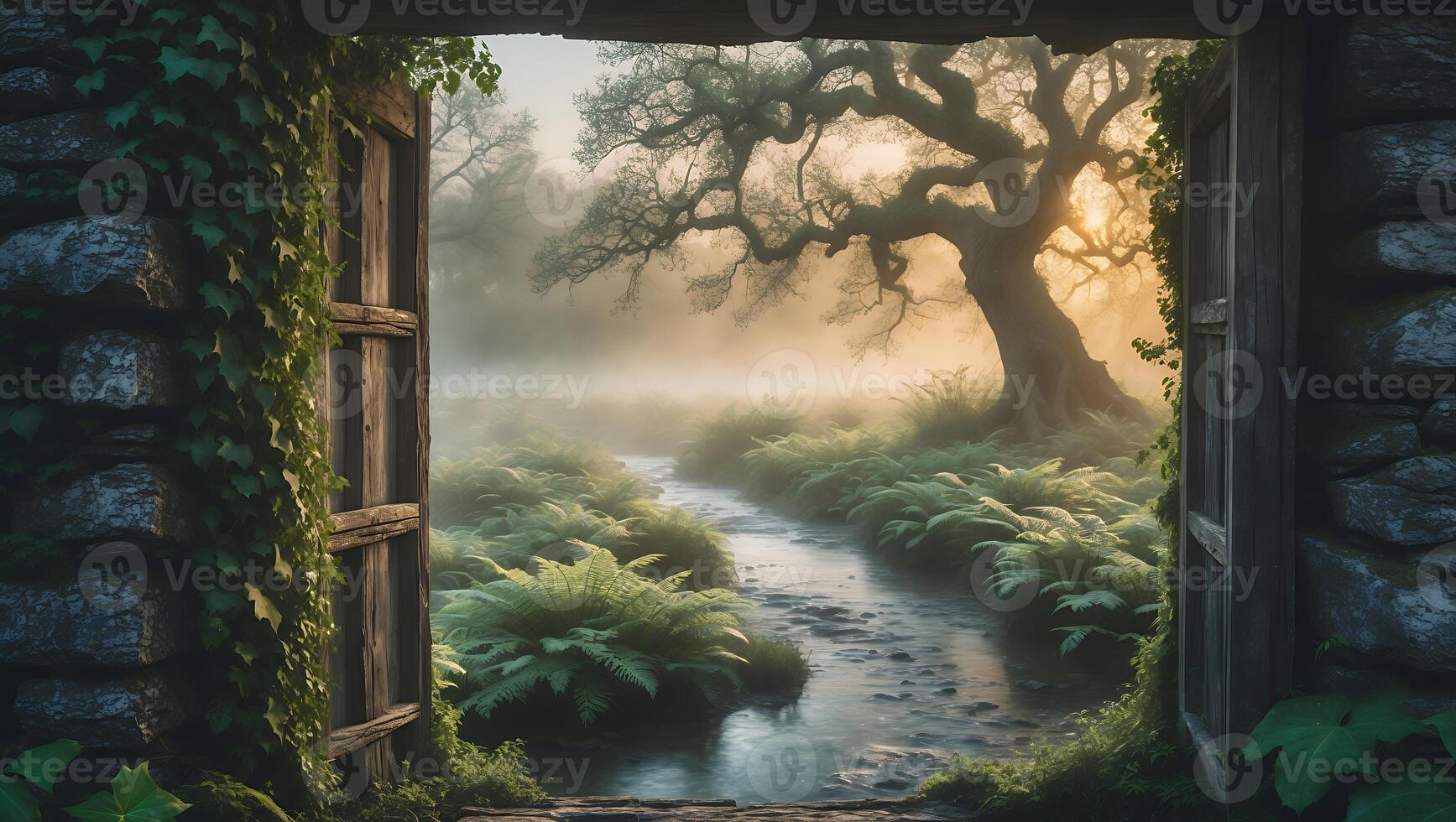 Serene view through an open doorway showcasing a misty landscape with a flowing stream and lush ferns photo