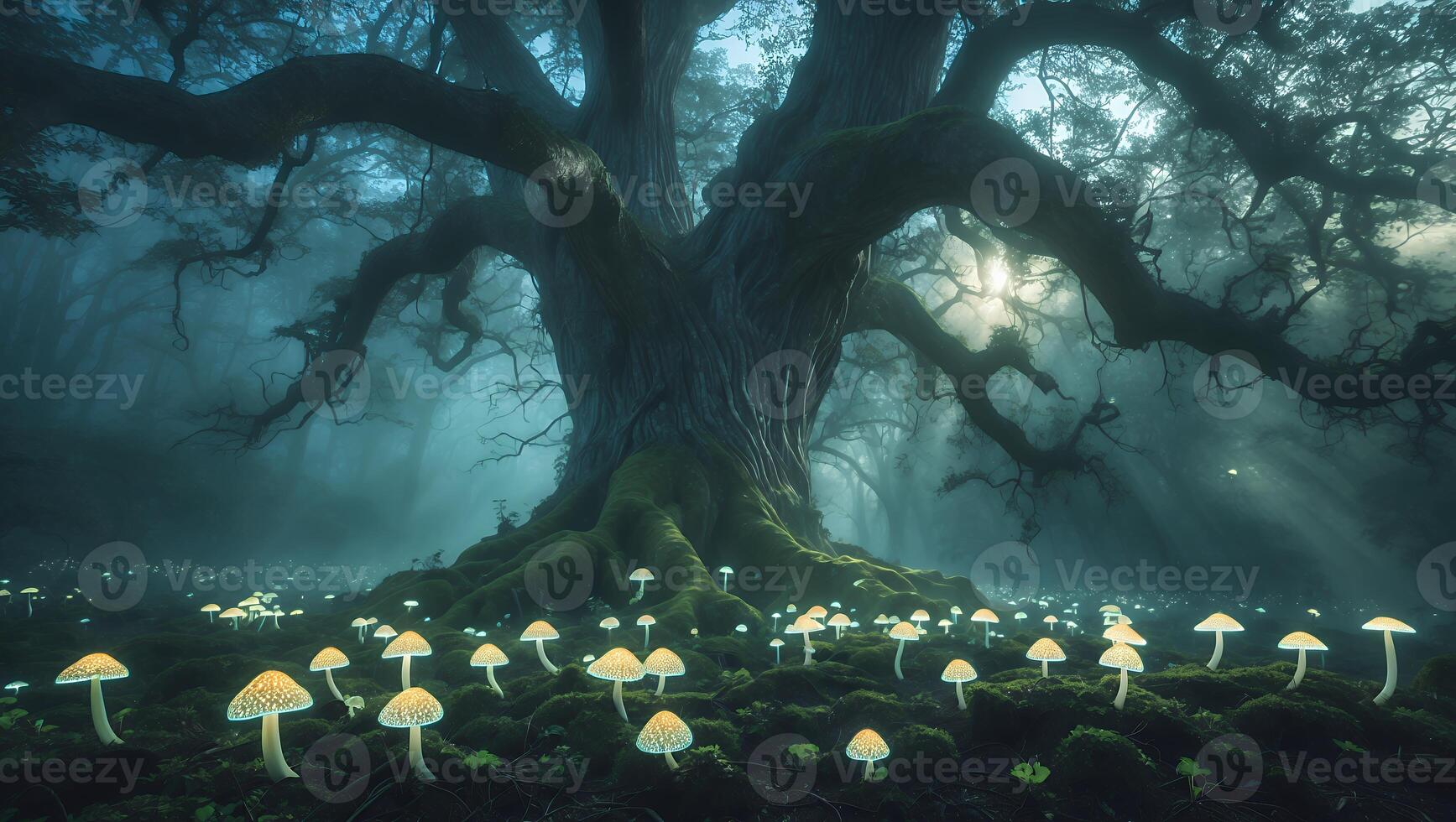 Enchanted forest scene featuring a large ancient tree surrounded by glowing mushrooms and mist photo