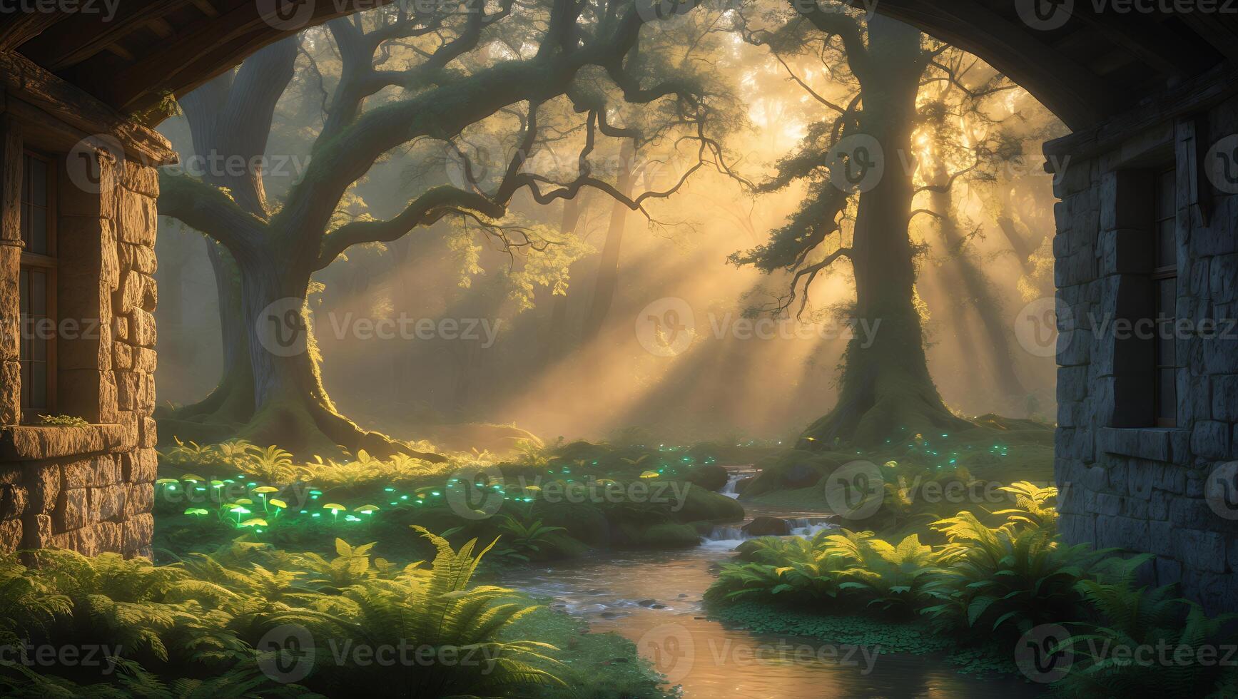 Serene forest scene with sunlight streaming through trees, illuminating a tranquil stream and lush ferns photo