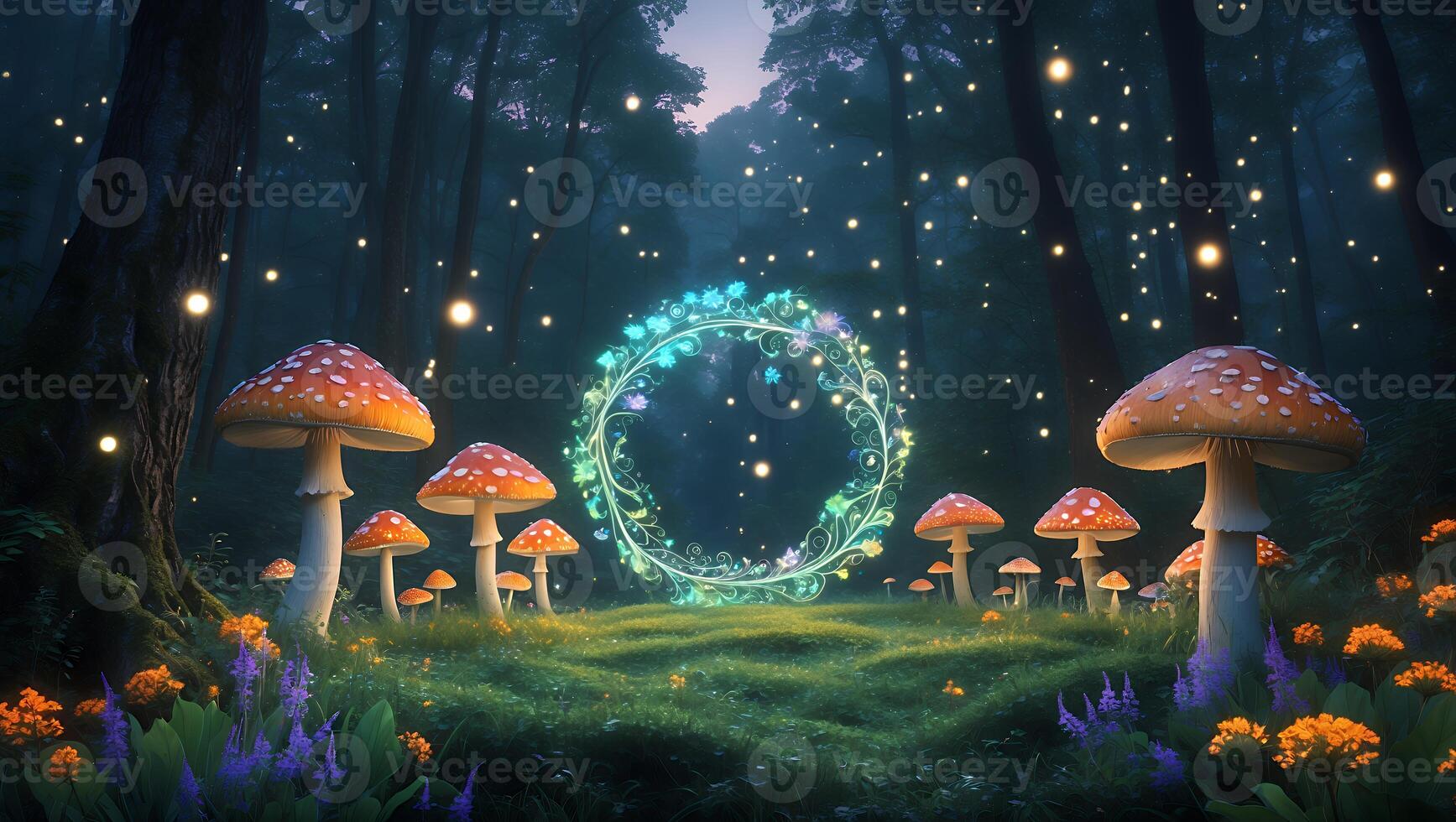 Enchanted forest scene with glowing mushrooms and a magical portal surrounded by vibrant flora photo
