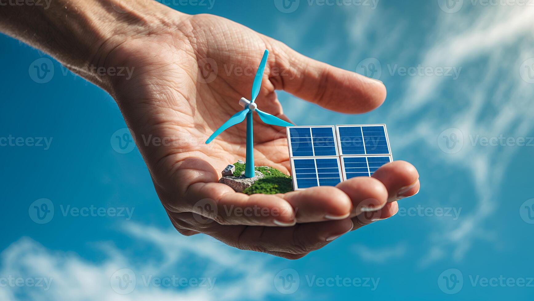 Hand holding miniature wind turbine and solar panels against a blue sky with clouds, symbolizing renewable energy photo