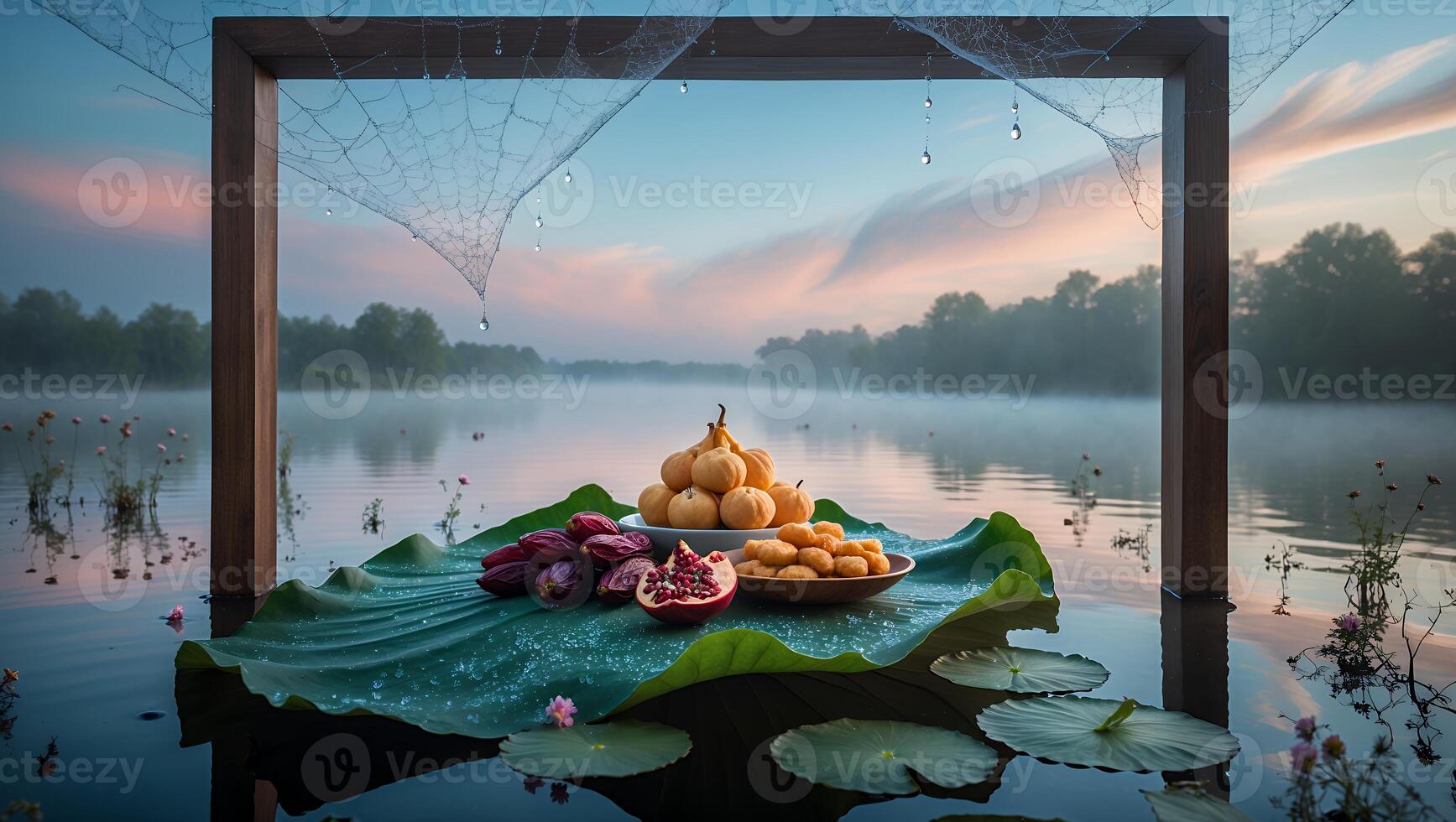 Serene lake scene featuring a vibrant fruit display on a lotus leaf at dawn, with misty background photo