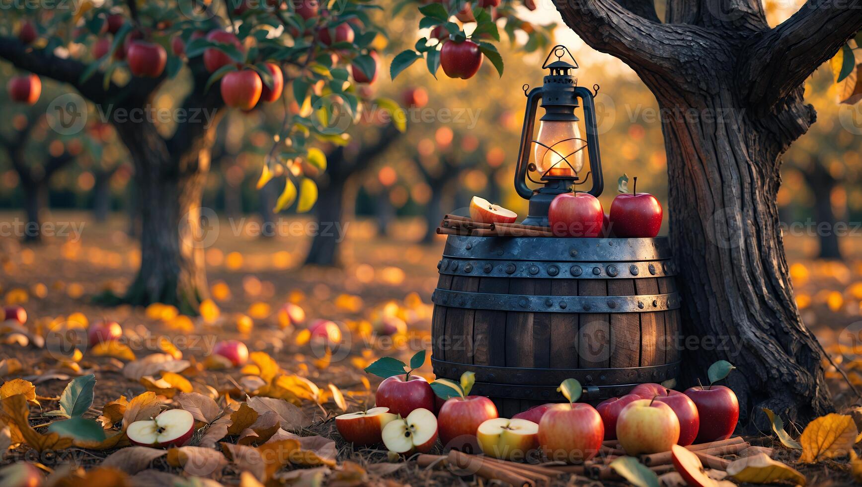Rustic setting with a lantern beside a wooden barrel surrounded by fresh apples in an orchard photo