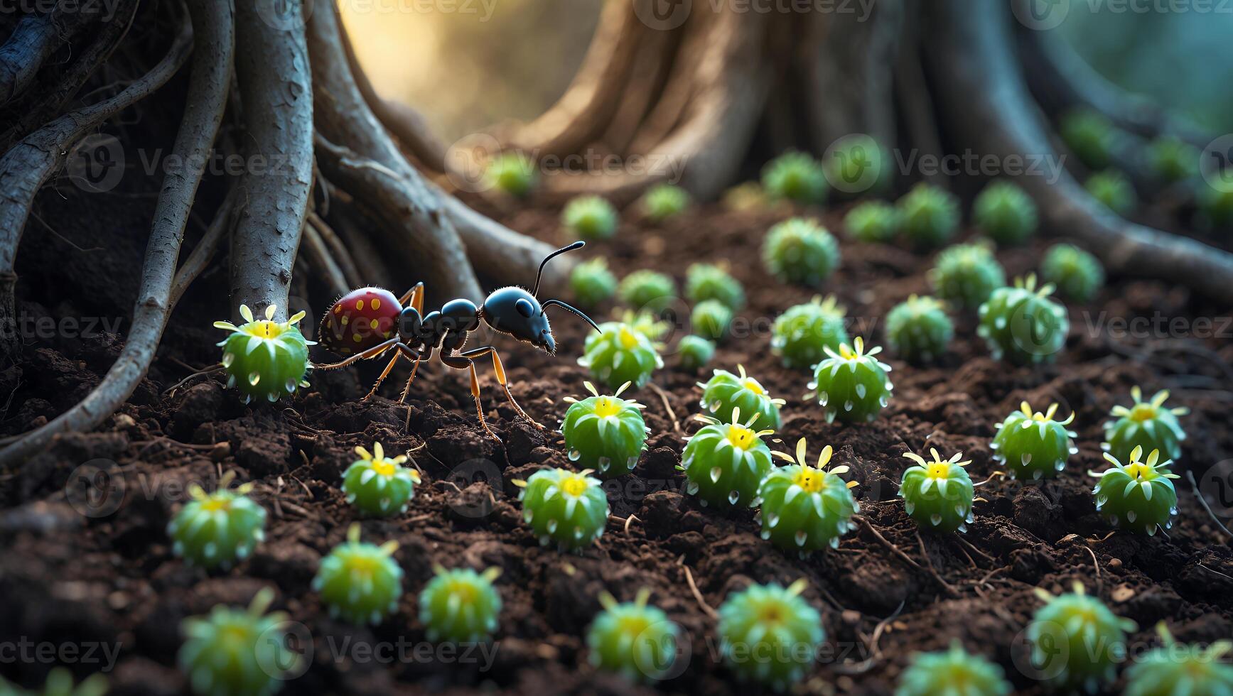 A vibrant scene of an ant navigating through a lush forest floor filled with unusual green plants photo