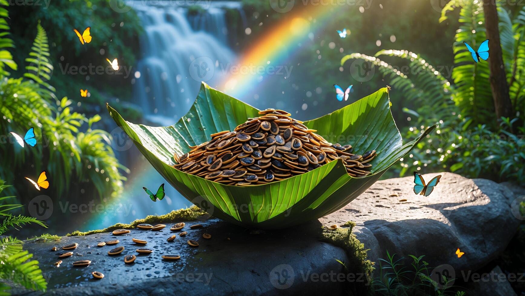 Vibrant tropical scene featuring a large bowl of golden seeds surrounded by lush greenery and butterflies photo