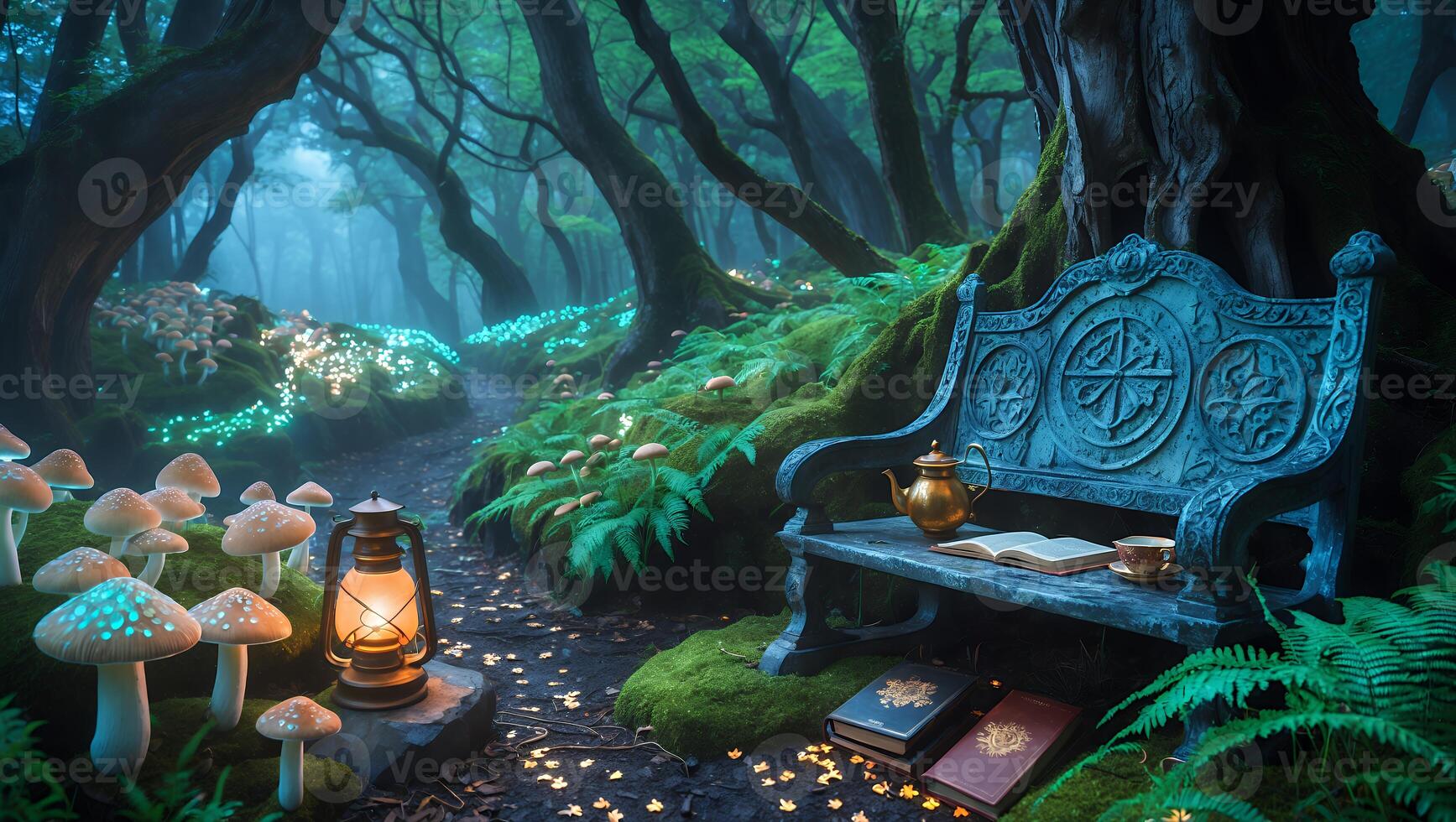 Enchanted forest scene with a stone bench, glowing mushrooms, and an inviting pathway amidst lush greenery photo