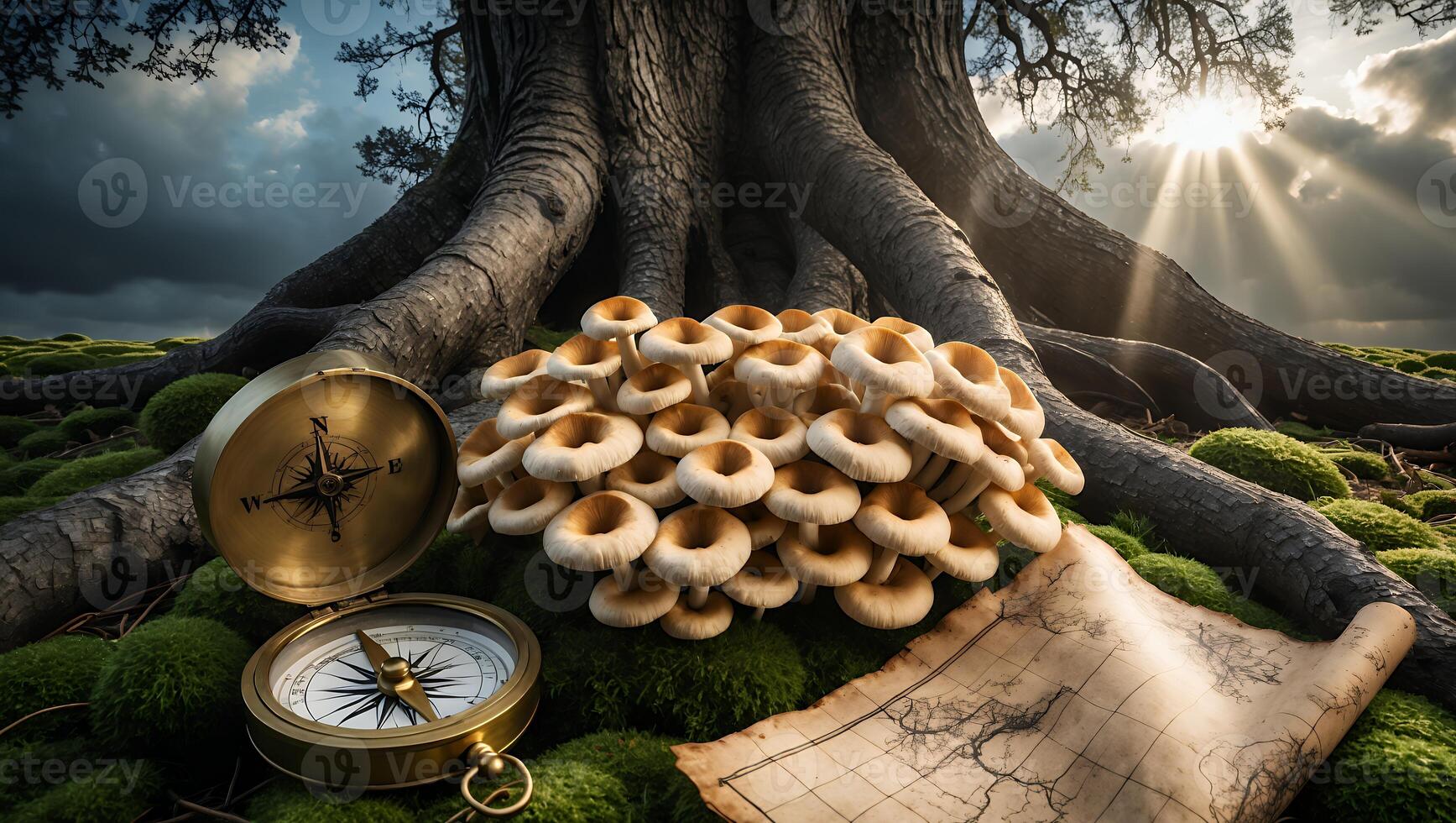 A compass and an ancient map beside a cluster of mushrooms at the base of a majestic tree under sunlight photo