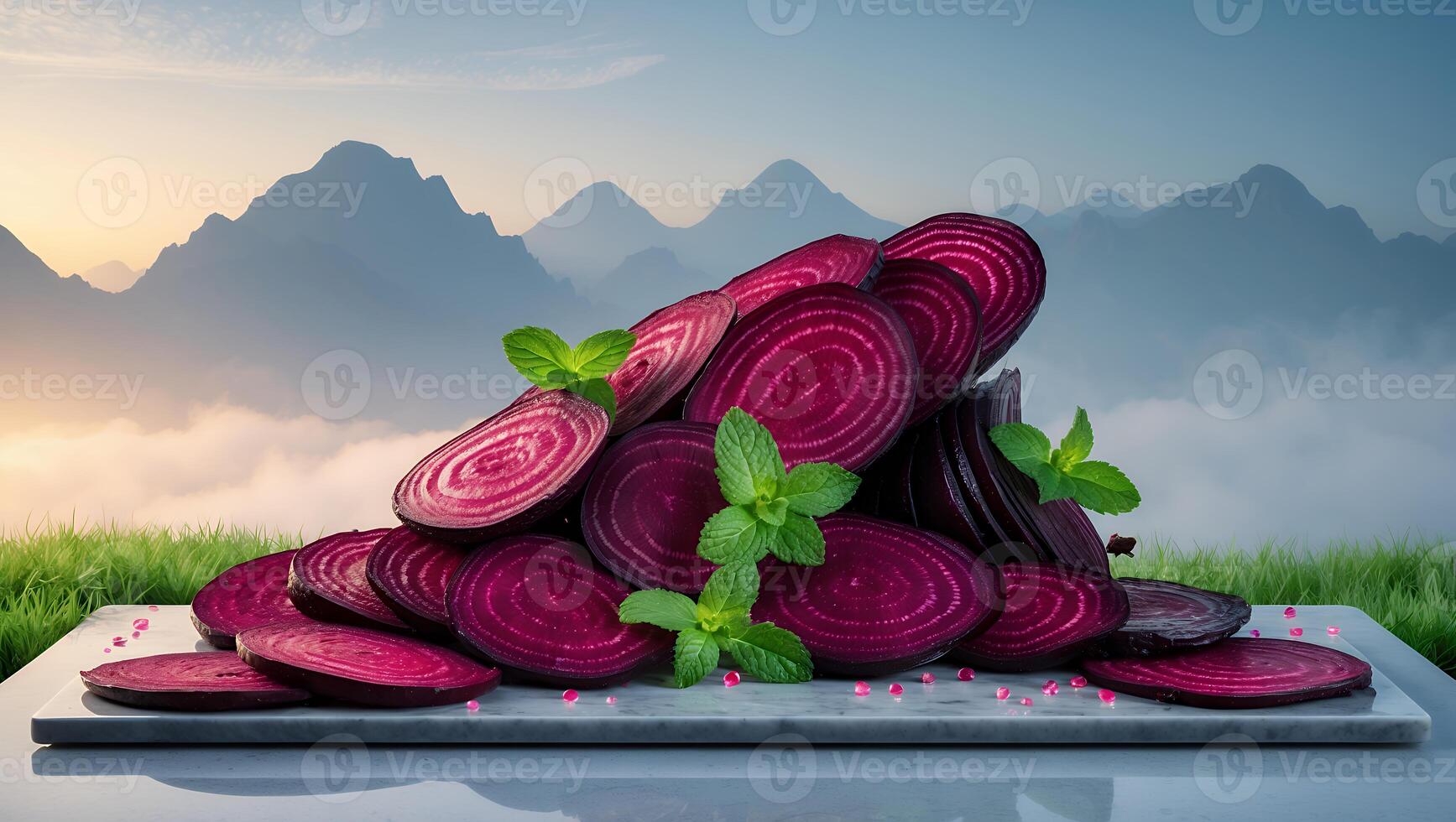 Vibrant sliced beets arranged artistically on a stone surface with mountains and mist in the background photo
