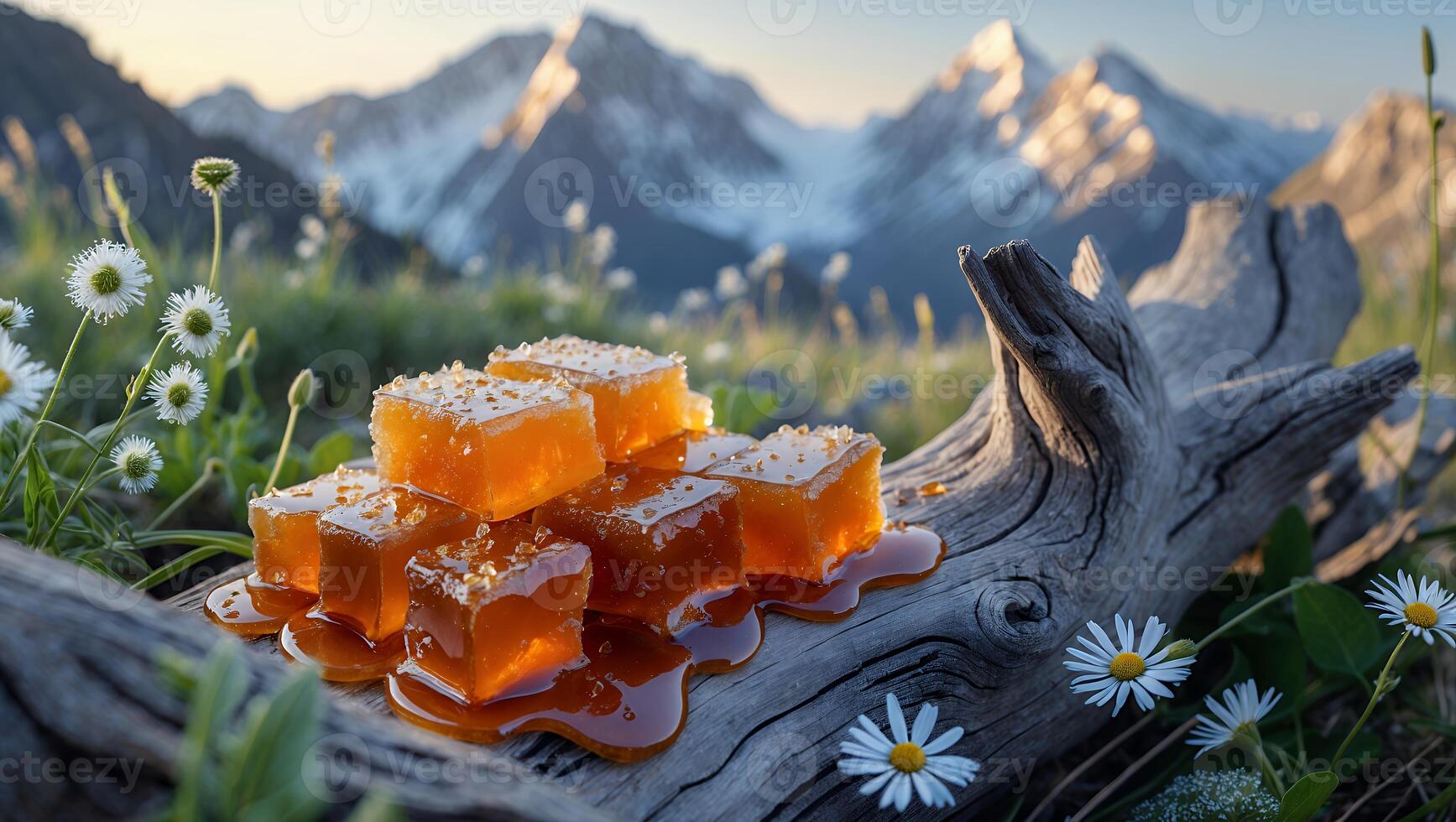 Colorful jelly cubes on a wooden log surrounded by daisies with majestic mountains in the background photo