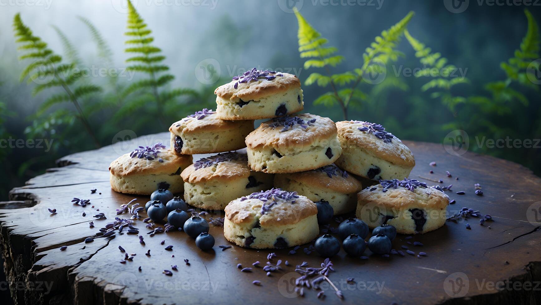 A stack of freshly baked blueberry scones garnished with lavender on a rustic wooden table in a serene forest photo