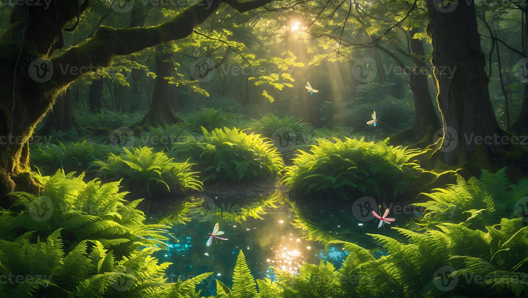 Serene forest scene with sunlight filtering through trees, reflecting on a tranquil pond surrounded by ferns photo