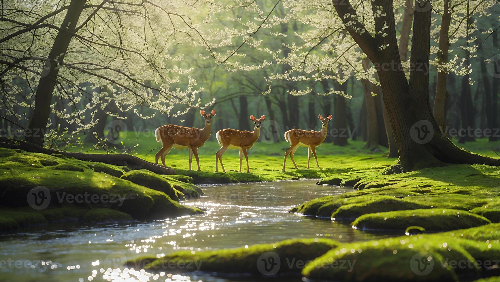 Serene forest scene with deer walking by a stream, surrounded by blooming trees and lush greenery photo