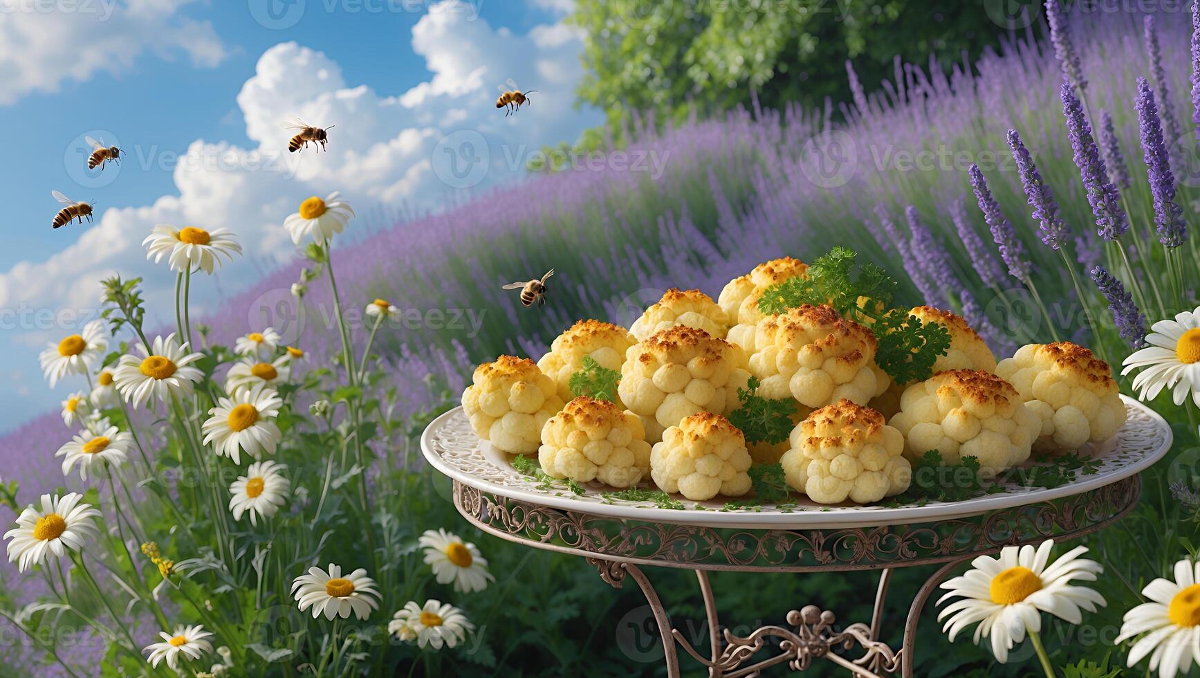 A vibrant outdoor scene featuring a platter of golden pastries surrounded by blooming flowers and bees photo