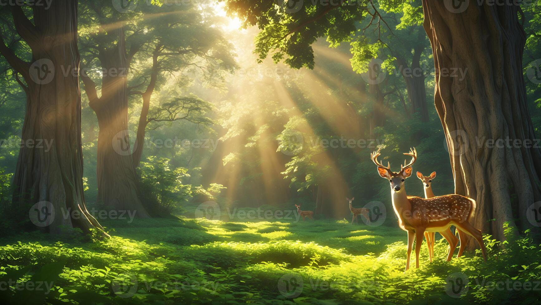 Serene forest scene with deer grazing in sunlight, surrounded by tall trees and lush greenery photo