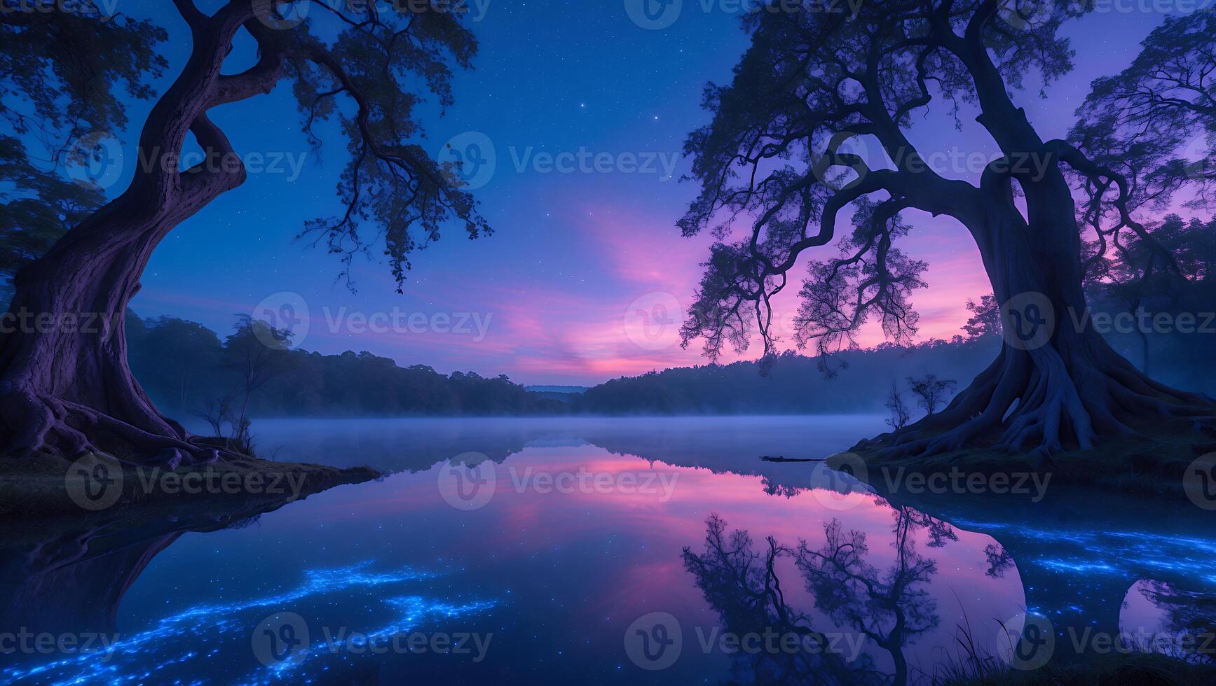 Serene twilight scene over a tranquil lake surrounded by ancient trees reflecting colorful skies photo