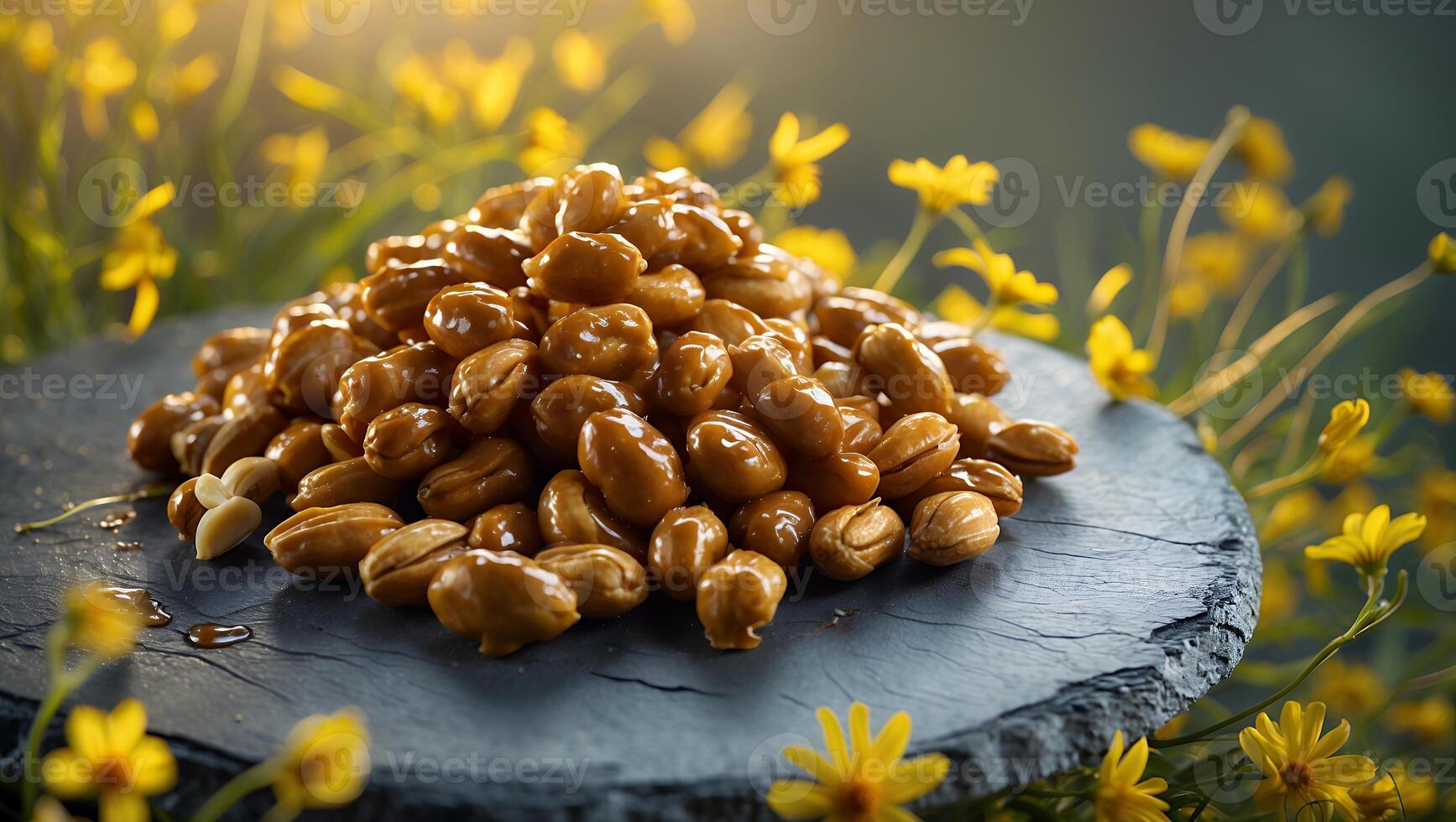 A close-up of a mound of caramel-coated peanuts on a slate stone, surrounded by vibrant yellow flowers in a sunny garden photo