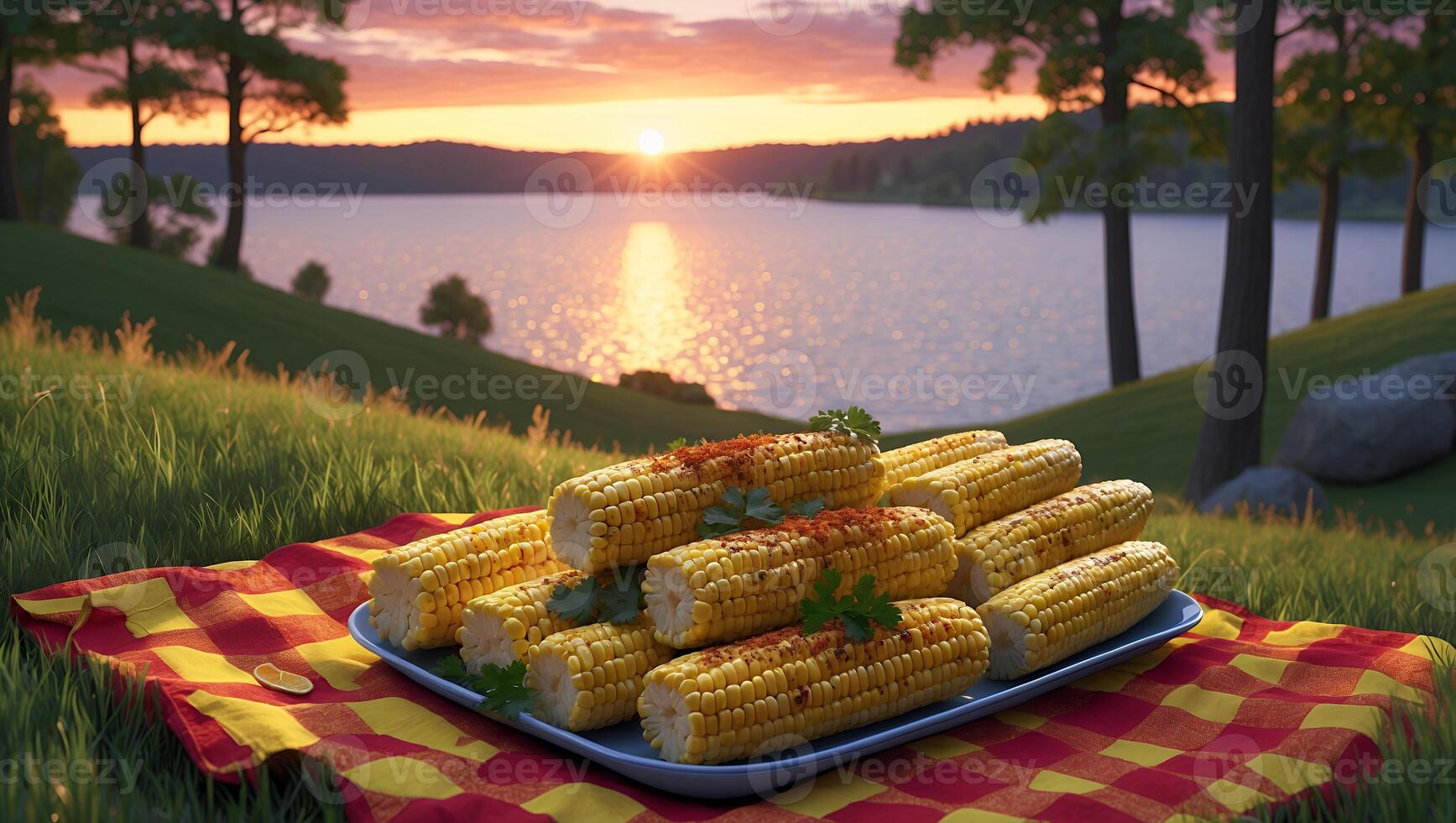 Grilled corn on a platter with sunset over a lake, surrounded by trees and a picnic blanket photo