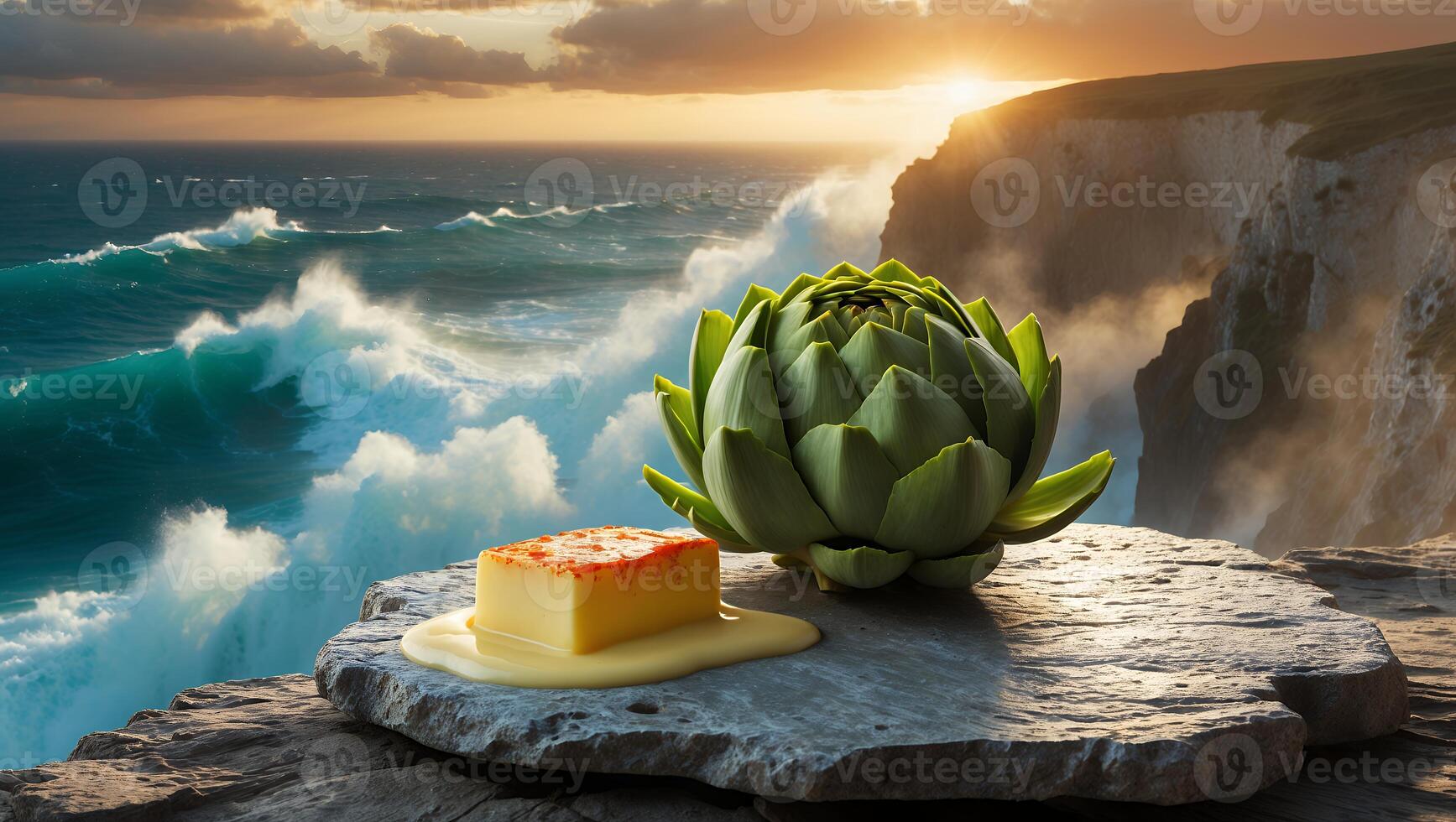 Sunset over crashing waves with an artichoke and butter on a stone by the cliff's edge photo