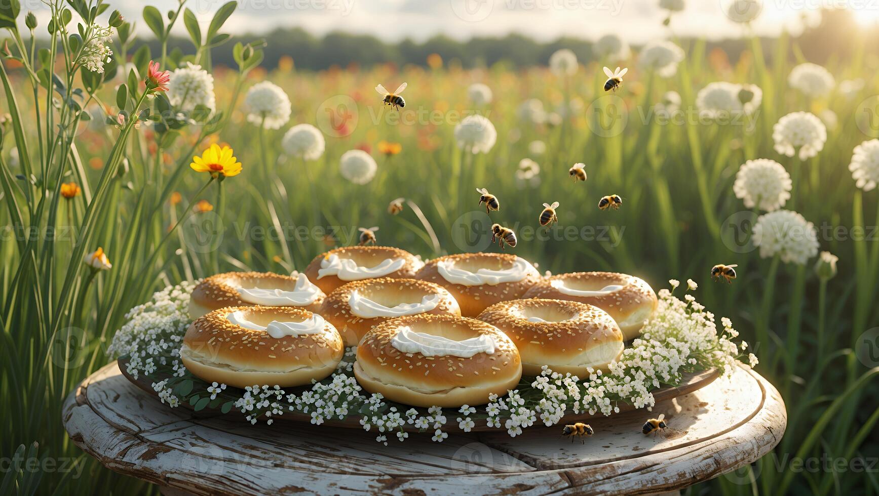 Freshly baked donuts topped with cream on a rustic wooden table in a vibrant flower-filled meadow photo