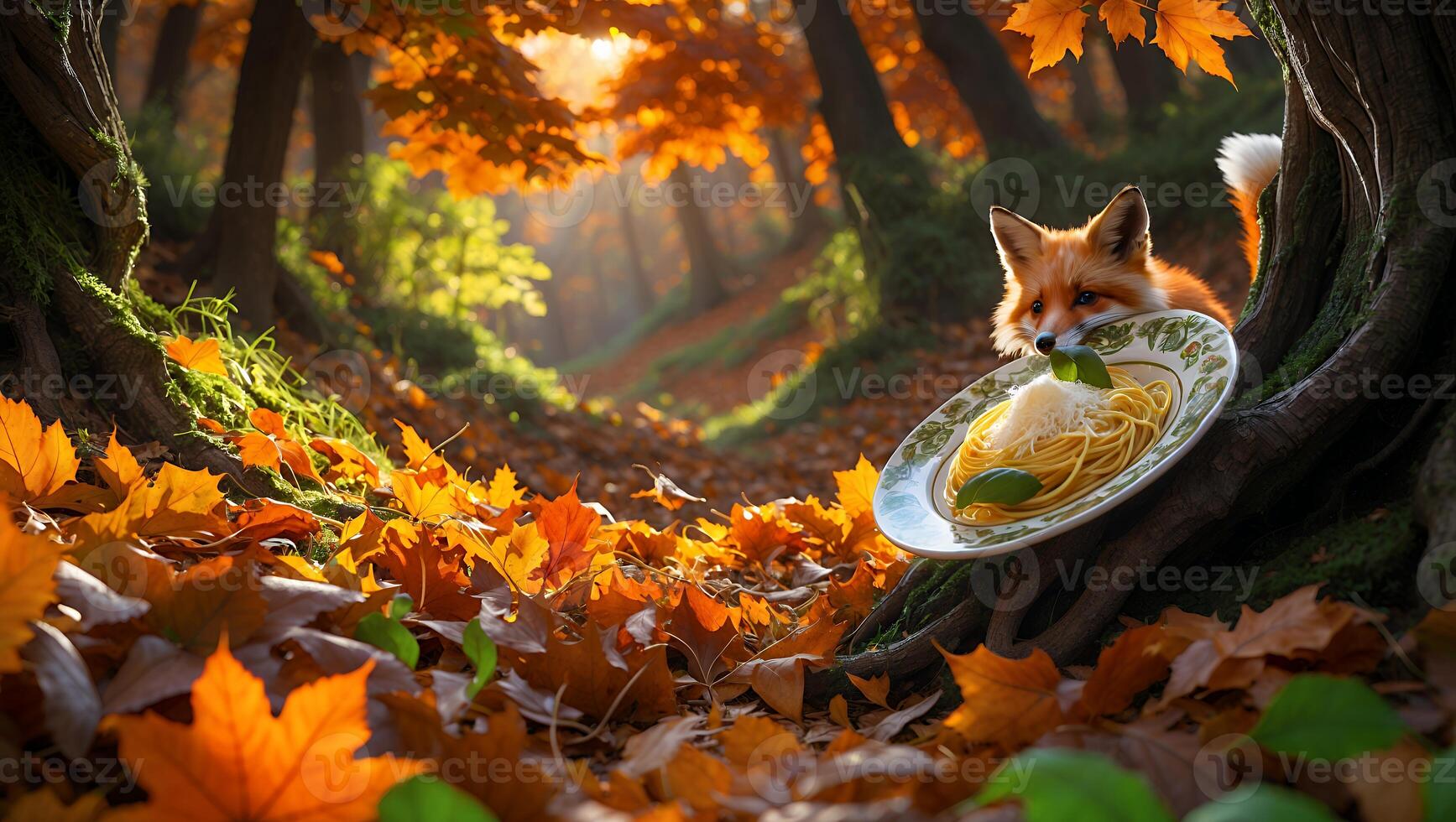 A curious fox peeking from behind a tree in an autumn forest, with a plate of spaghetti in front photo