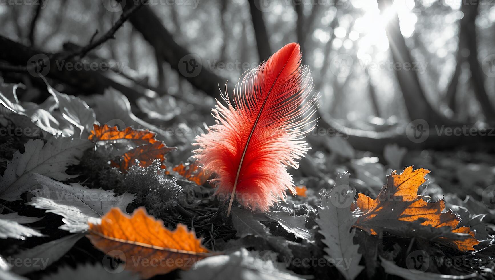 Vibrant red feather resting on autumn leaves in a serene forest, with soft sunlight filtering through trees photo